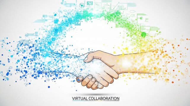 Illustrative handshake with blue-to-yellow gradient and sketched tech data elements