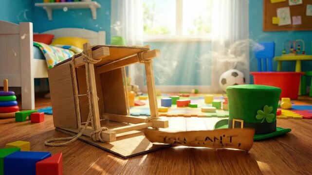 Elaborate leprechaun trap made from cardboard and wood with a St. Patricks Day hat. Irish folklore concept for holiday celebration.