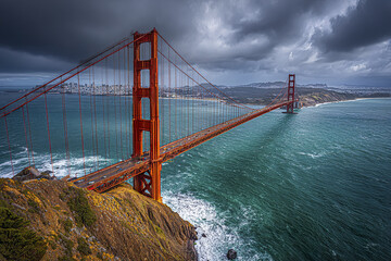 Fototapeta premium Golden Gate Bridge with storm clouds rolling over ocean and rocky cliffs, showcasing dramatic and moody atmosphere with vibrant red suspension cables and cityscape in distance