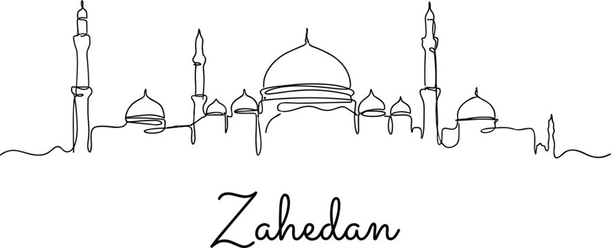 Zahedan Iran skyline with Makki mosque minimalist continuous line art vector illustration
