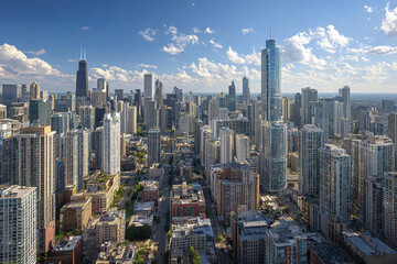 Fototapeta premium Modern downtown city skyline with tall skyscraper buildings under bright blue sky with scattered clouds, showcasing urban architecture and vibrant city life in daylight