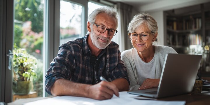 Senior couple calculating financial paperwork and planning future with a laptop