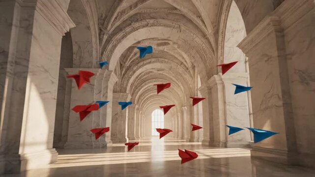 Red and blue triangular flags suspended in a grand arched hallway with marble columns and floors, illuminated by natural light streaming through the doorway, viewed from the entrance