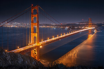 Fototapeta premium Golden suspension bridge illuminated at night with city lights in background and calm water reflecting structure and lights in peaceful scene
