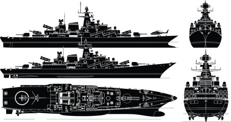 Modern guided missile destroyer warship blueprint set with top side front rear views detailed naval military vessel vector illustration © Fayjun