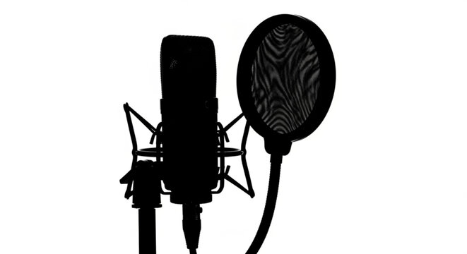 A studio microphone with a pop filter is positioned for optimal sound recording in a professional setting.