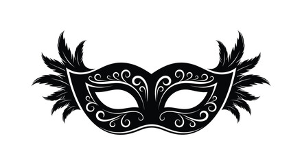 Elegant black venetian mask with ornate swirling designs and feathered edges