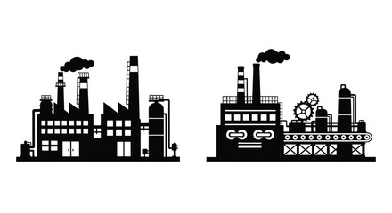 Obraz premium Silhouetted industrial buildings with smokestacks and machinery are depicted