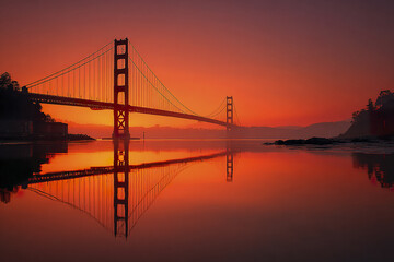 Obraz premium Golden Gate Bridge sunset panorama with glowing bridge silhouette and calm water reflection creating peaceful and warm atmosphere in evening sky