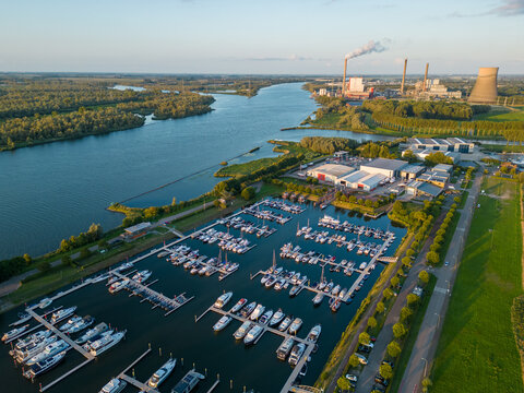 Drimmelen jachthaven Biesbosch - Netherlands aerial view during golden hour - Port with boats