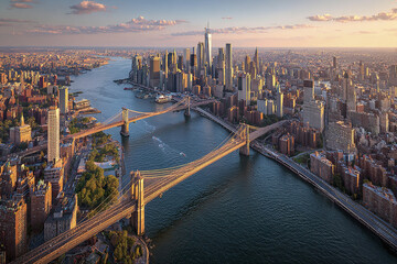 Fototapeta premium NYC skyline aerial panorama with Brooklyn Bridge and Manhattan skyscrapers at sunset, showing river, boats, and urban cityscape with warm light and clear sky clouds