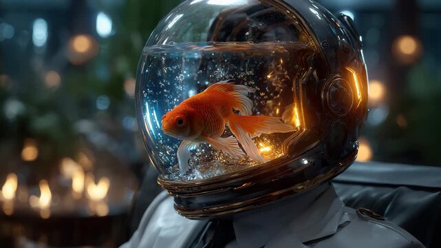 Astronaut in futuristic helmet with goldfish swimming inside transparent dome