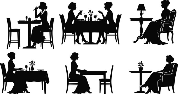 Elegant women dining silhouettes collection sitting at table drinking wine talking and relaxing, female restaurant scene vector illustration set