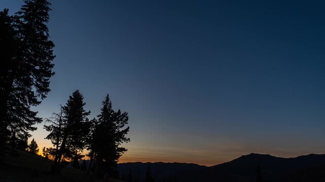 Dawn sky brightening and the sun rising through silhouetted pine trees above a mountain valley, Absaroka Range, Montana, time lapse