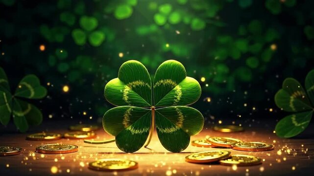 Four leaf clover standing on wood surface with gold coins surrounding it. St. Patricks Day celebration of luck and fortune concept idea for holiday card.