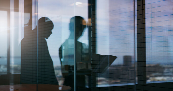 Silhouette, meeting and b2b with business people in office for planning, team and realtor advisor. Collaboration, discussion and window with employees for partnership, support and property developer