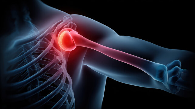 Inflamed shoulder joint with highlighted pain area and translucent upper arm skeleton showing rotator cuff region and joint anatomy, medical concept of shoulder injury and pain relief
