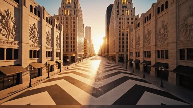 Cityscape with pedestrians crossing a zebra crossing on a street surrounded by tall buildings at sunrise
