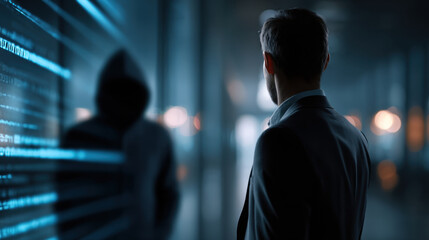 Professional employee standing in modern digital environment with code projected on glass and hooded figure in background conveying cybersecurity tension and focus