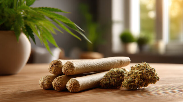 Handcrafted prerolled cannabis joint on wooden table with dried flower bud, indoor natural light and houseplant in soft focus