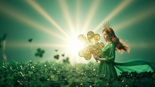 Woman in green dress with golden crown holding large golden four-leaf clover in field of shamrocks. St Patricks Day concept.