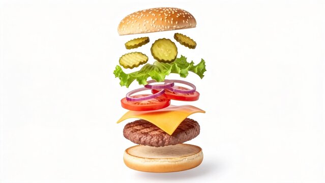 Deconstructed cheeseburger with beef patty sesame bun lettuce tomato onion pickles cheese isolated on white background exploding ingredients fresh fast food concept,design