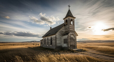 Weathered wooden abandoned church standing solitary in the middle of a vast rural prairie landscape under a wide dramatic sky during sunset time in a remote countryside location