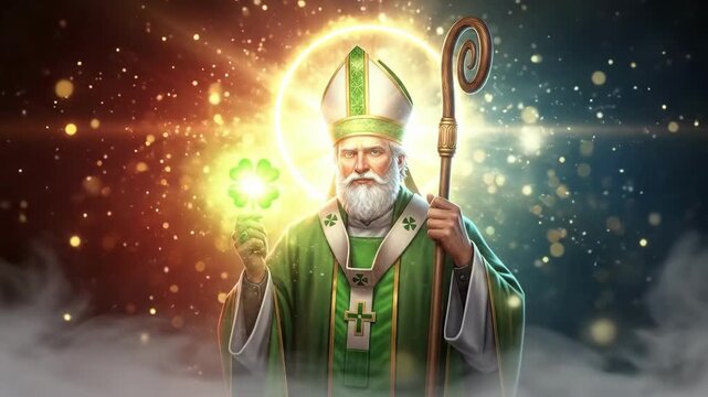 Male saint holding a shamrock, patron Saint Patrick, religious figure from Ireland. St. Patricks Day celebration with traditional symbolism.