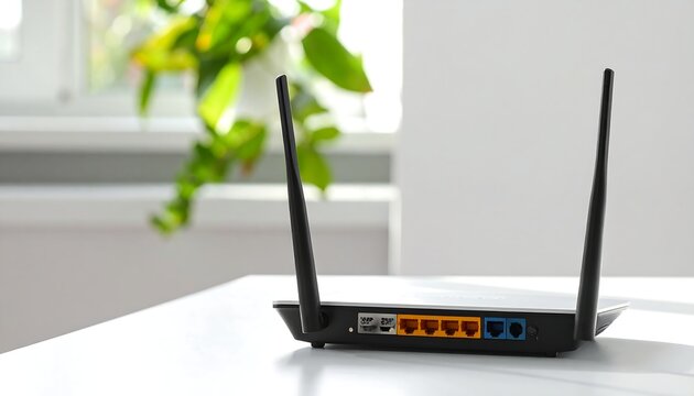 Rear view of a wireless device. Two antennas and several ports are visible, against a bright interior. A plant is in the blurry background