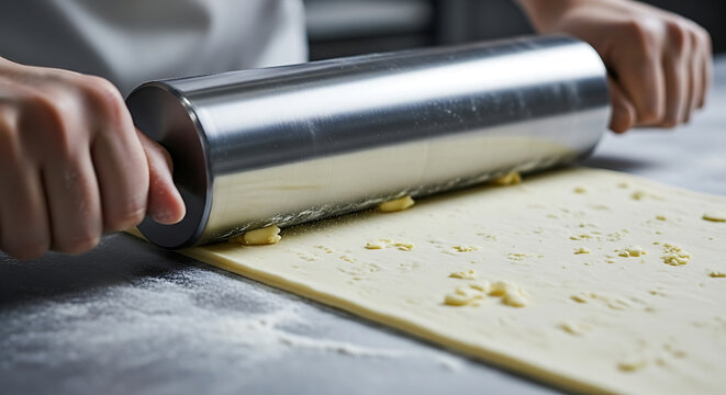 A chef's hands expertly flatten dough with a large metal rolling pin, preparing a buttery pastry.