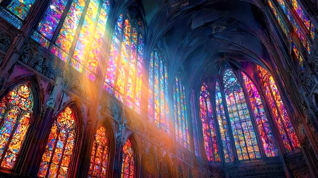 Vibrant stained glass illuminating a gothic cathedral