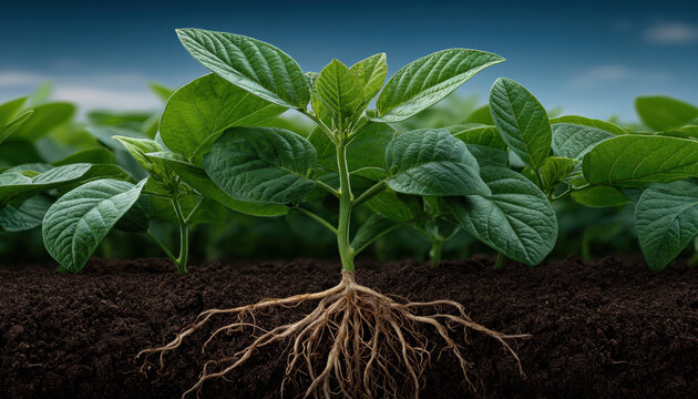 Soybean plant with healthy green leaves and visible root system under rich soil, vibrant sky background, young crop growth showing texture and detail
