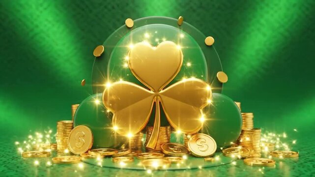 Golden shamrock with coins and abstract green elements. St Patricks Day celebration graphic. Luck, fortune and prosperity concept.
