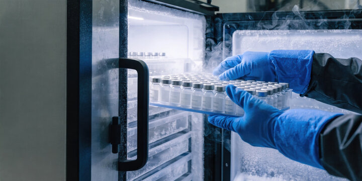 Pharmaceutical industry cold storage vial tray laboratory technician gloved hands preserving