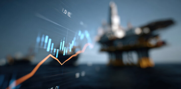Offshore oil platform in ocean with financial chart overlay showing energy market fluctuation and industrial investment sentiment