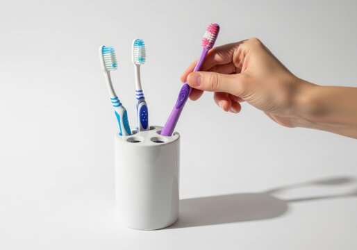 Hand holding purple toothbrush over white toothbrush holder with blue toothbrushes