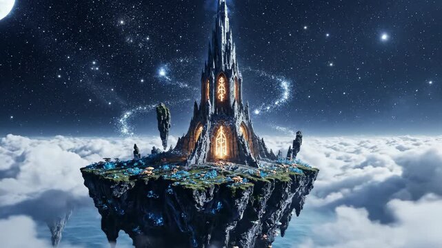 Magical fantasy tower on floating island above clouds in starry night sky