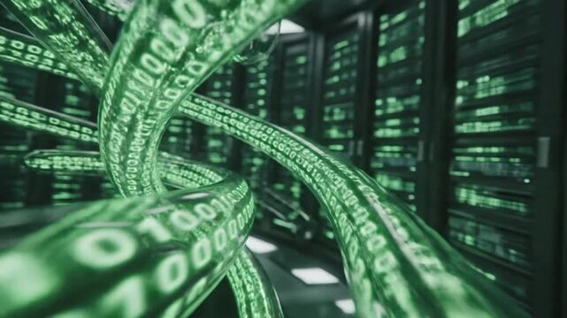 Futuristic data center with green binary code streaming through fiber optic cables, viewed from a low angle, showcasing technology and innovation.