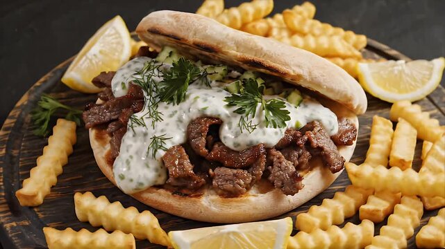 Delicious Pita Sandwich Filled With Seasoned Beef Gyro Slices Topped With Creamy Tzatziki Sauce And Fresh Herbs Served With Golden French Fries And Lemon Wedges A Flat Lay Food Presentation