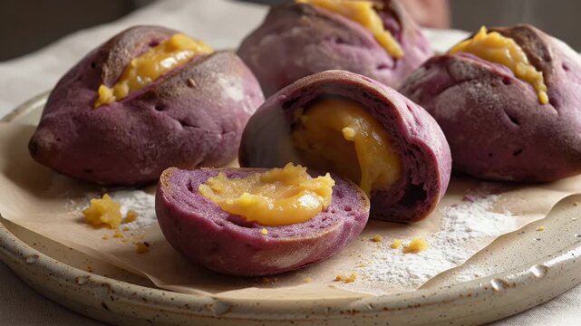 Delicious Purple Sweet Potato Bread Rolls Filled with Creamy Custard Filling Rotating Slowly on a Plate with Powdered Sugar Dusting and Soft Natural Lighting