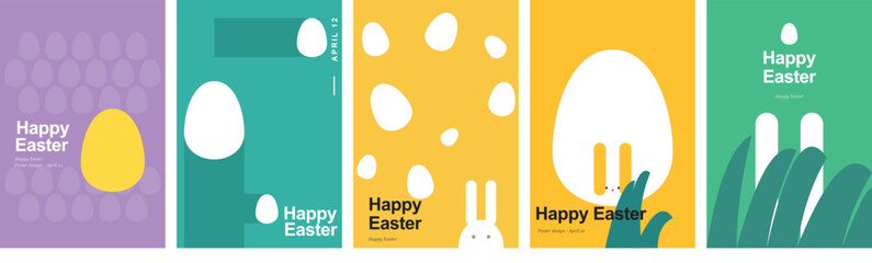 Set of colorful easter posters with flat icons of eggs rabbits and grass for spring season holiday greeting and card design © MSTSHUKURI