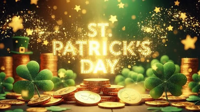 St. Patricks Day celebration with shamrock, gold coins, and leprechaun hat. Festive holiday background for luck greeting card.