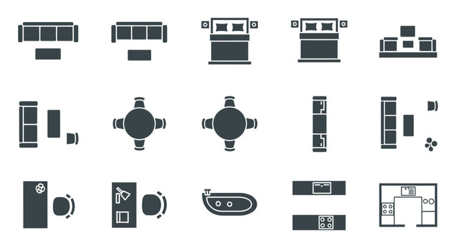 top-down plan view icons of diverse furniture room layouts and kitchen elements perfect for architectural design