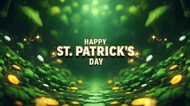 Happy St. Patricks Day greeting with green foliage, shamrocks, clover and coins illustration. Holiday celebration background for event card.