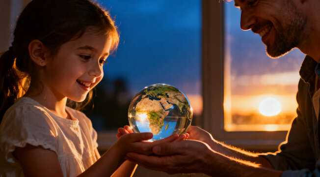 Father and daughter holding a glowing earth in their hands, symbolizing care and a bright future for the planet