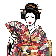 Obraz premium Japanese Woman in Traditional Kimono with Decorative Fan