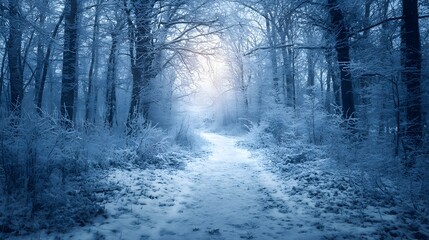 Obraz premium Enchanting Winter Forest Path Illuminated by Soft Sunlight.