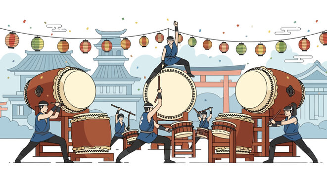 Japanese Taiko Drummers Performing at a Traditional Festival with Lanterns