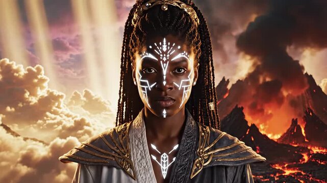 Fantasy goddess of duality standing between heavenly clouds and erupting volcano, symbolizing heaven and hell