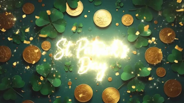 Green background with shamrocks, gold coins, and white St. Patricks Day text. Traditional Irish celebration decoration for greeting card.